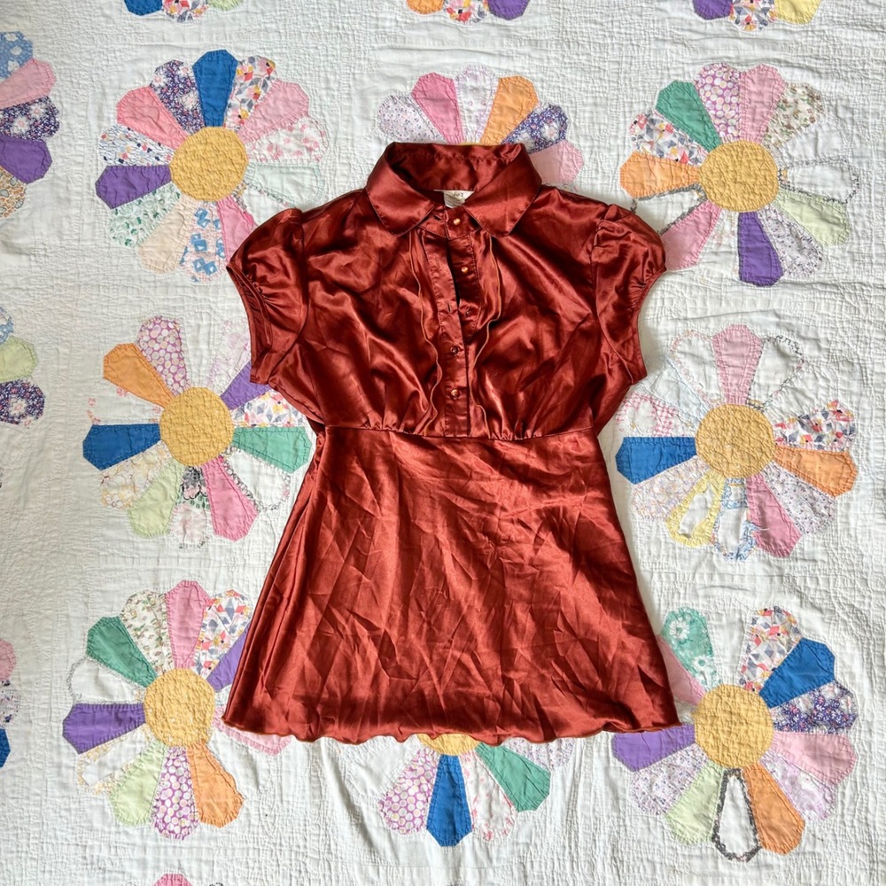 Studio Y Rust Satin Ruffle Button Up Cap Sleeve Blouse Top Medium